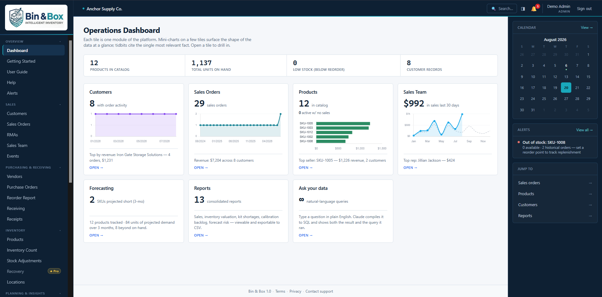 Bin & Box operations dashboard