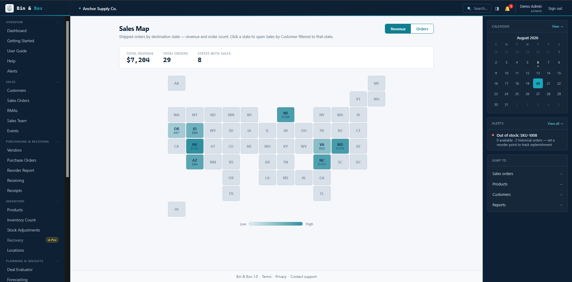 Bin & Box sales map by state