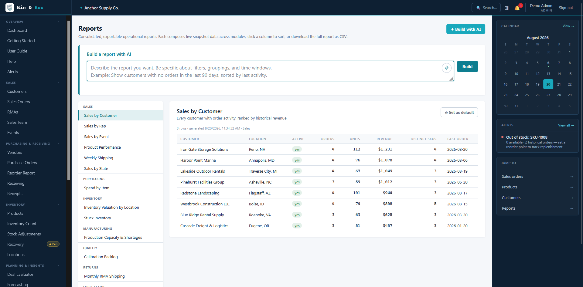Bin & Box reports, including an AI report builder