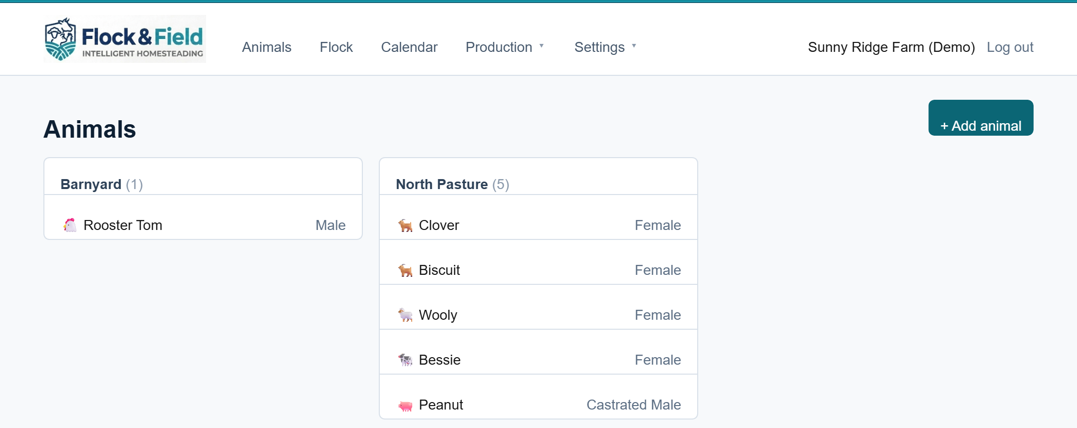 Flock & Field animals list, grouped by pasture