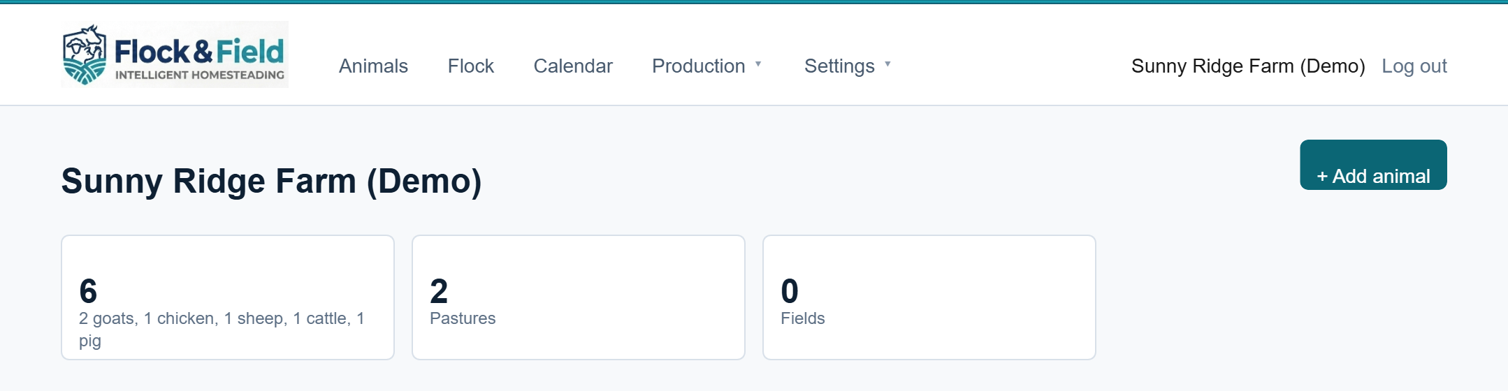 Flock & Field dashboard showing animal, pasture, and field counts
