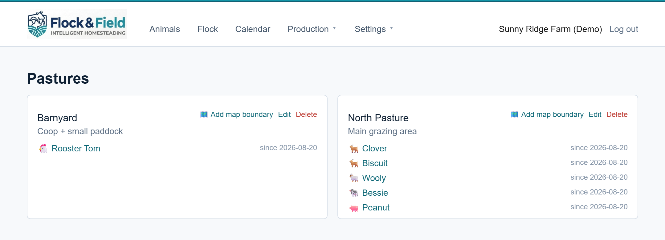 Flock & Field pastures page showing occupants